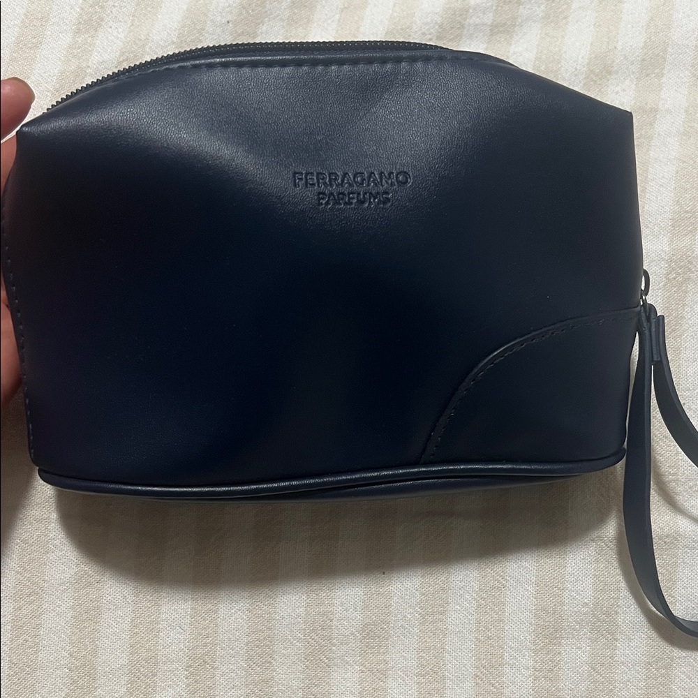Ferragamo Navy Blue Leather Toiletry Pouch
